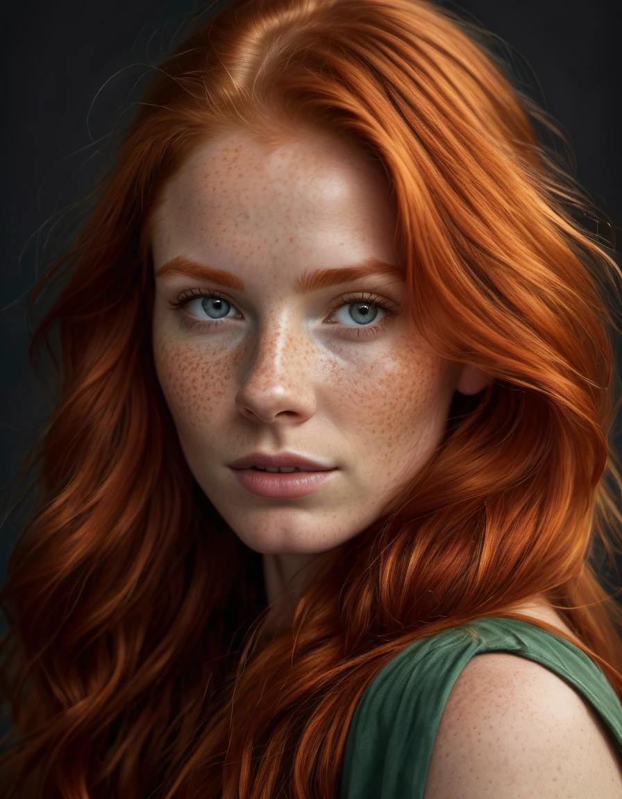 Super realistic image, high quality uhd 8K, of 1 girl,  detailed realistic, redhead, long ginger hair, highly detailed realistic skin, (((face and shoulder portrait))), real and vivid colors ultrarealistic