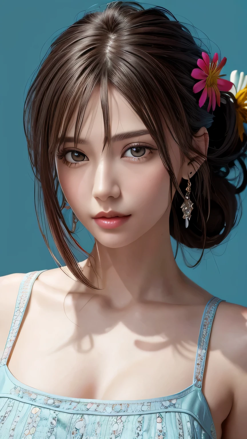 (masterpiece), (highest quality), (Super detailed),(Disheveled Hair),(figure), (One girl), (Fashionable clothes), Are standing, Fashion Model, View your viewers, (interview), (Simple Background),Beautiful fine details, Delicate and beautiful face, floating,(High saturation),(Colorful splashes),Colorful bubbles,(The Shining), Focus on the face, ponytail, Light blue hair, bangs, Hair Ring, Floating Flowers, Floating hair, (The Shining), Best lighting, Best Shadow,