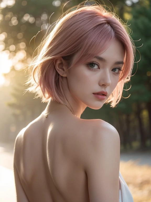 ((Head close-up)) 1 girl hair,pink hair, short hair, hair blowing in the wind,green eyes, nude, naked,(big ass1.4), rim light,sunset blowing in the wind, amazing digital art, smoke effects, stunning digital art, digital art picture, airbrush digital art,mono tone, forest, bokeh effect,