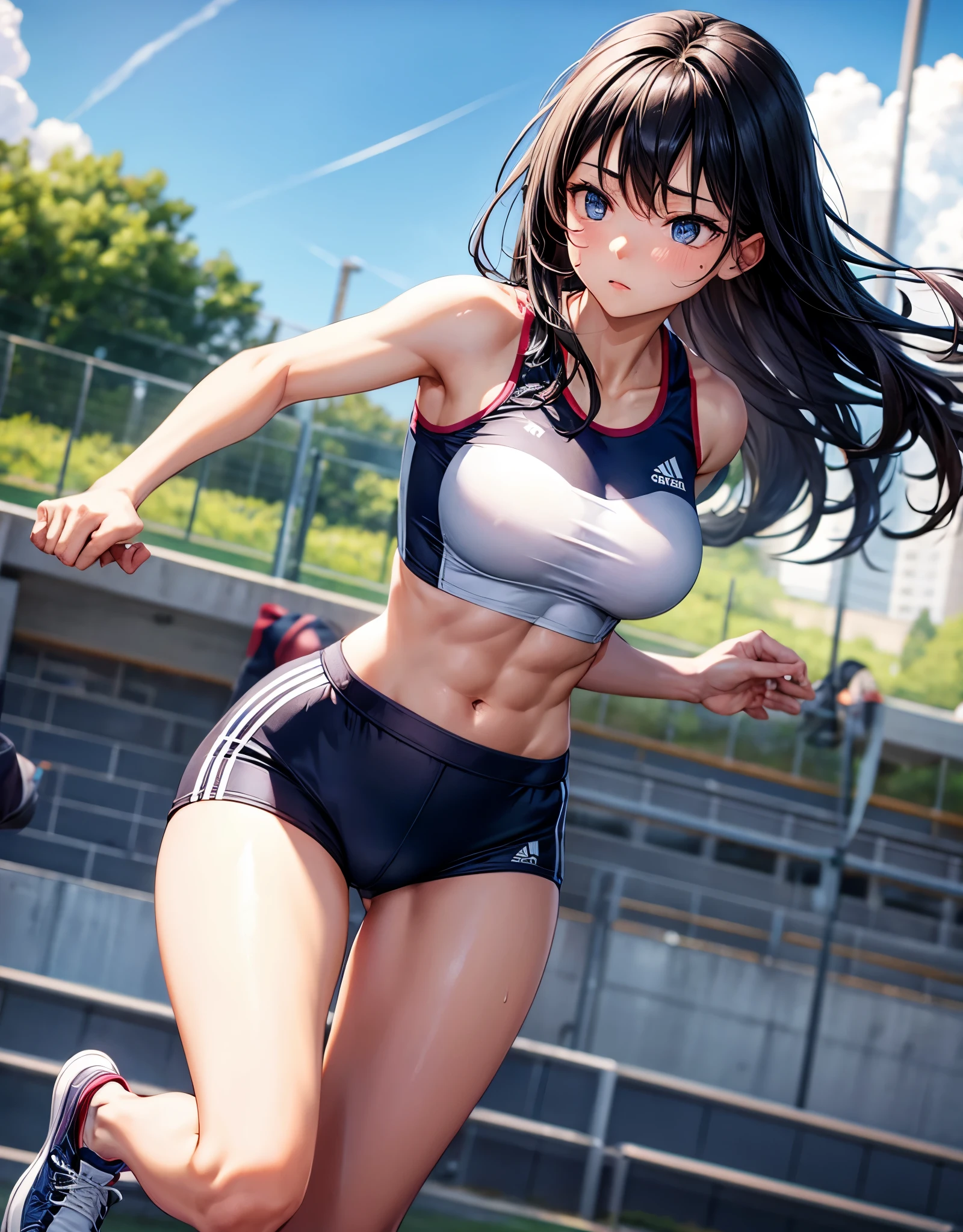 beautiful girl、Track and field athlete、Big Breasts、Black Hair、Long Hair、Sportswear、Women's Racing Shorts、Sneakers、arena、Outdoor、Abdominal muscleuscular、Sweating、Are standing、The whole body is visible