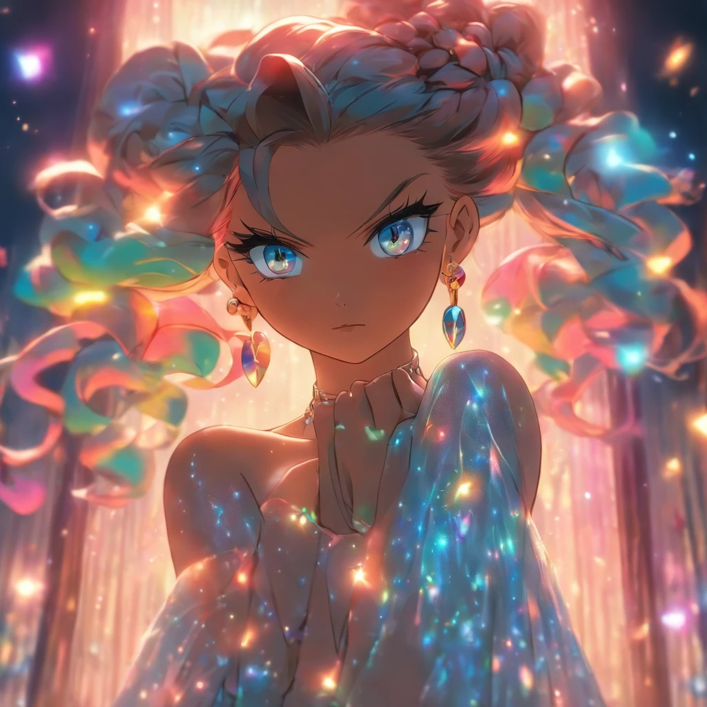 A woman waving a light blue lace night dress. Under the night dress is gold threads around her and hips. with A pink satin off shoulder ribbons tied to her arms. Attached to ribbons are silver buckle, A silver chain. Attached to the sliver chain is blue diamond pendants. In her hair is sparkling crystal Pearl headcomb. Her lips is glossy with pink glitter. Around her ankle and wrist is black wrist bands with clock clogs Attached to the waist bands. ((The Woman has rainbow colored eyes)) red-brownish hair braided back. Long stands of hair falling over her eyes