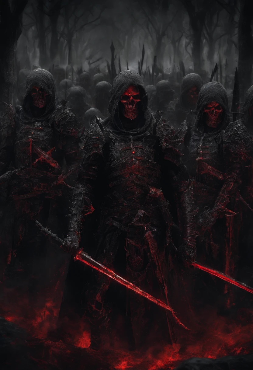 The dark army with red glowing swords