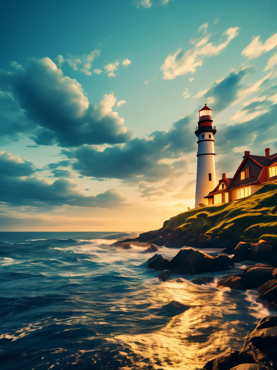 lighthouse, surrounded by sea, ultra detailed, high quality, 8k resolution