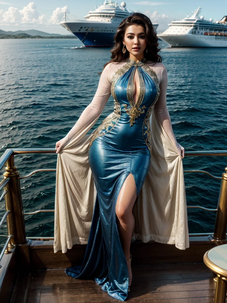 Best Quality, 4K, masterpiece, very sharp image,extremely beautiful woman,pinup,standing,highly detailed beautiful face,big eyelahes,minimum waist,gold embroided blue maxi slit dress, tights,long hair,excellent sense,(((one person))),highly detailed body,a cruise ship on the high seas scenario