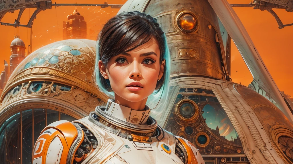 arafed image of a white woman in a futuristic suit with a spaceship in the background, movie art, in front of an orange background, inspired by Robert McGinnis, female protagonist, megastructure in the background, portrait of an ai astronaut, astronauts, an astronaut, portrait of a astronaut skeletor, perfect android girl, detailed eyes, perfectly detailed teeth, frank franzzeta and sakimichan