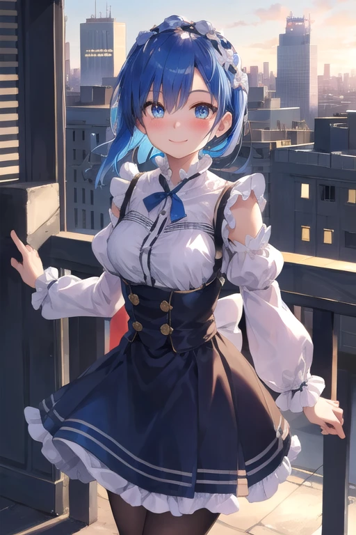 Blue Hair, Againm \(Again:zero\), [smile], blush, city,, masterpiece, highest quality, Perfect lighting, One girl, skirt, medium bAgainasts,
