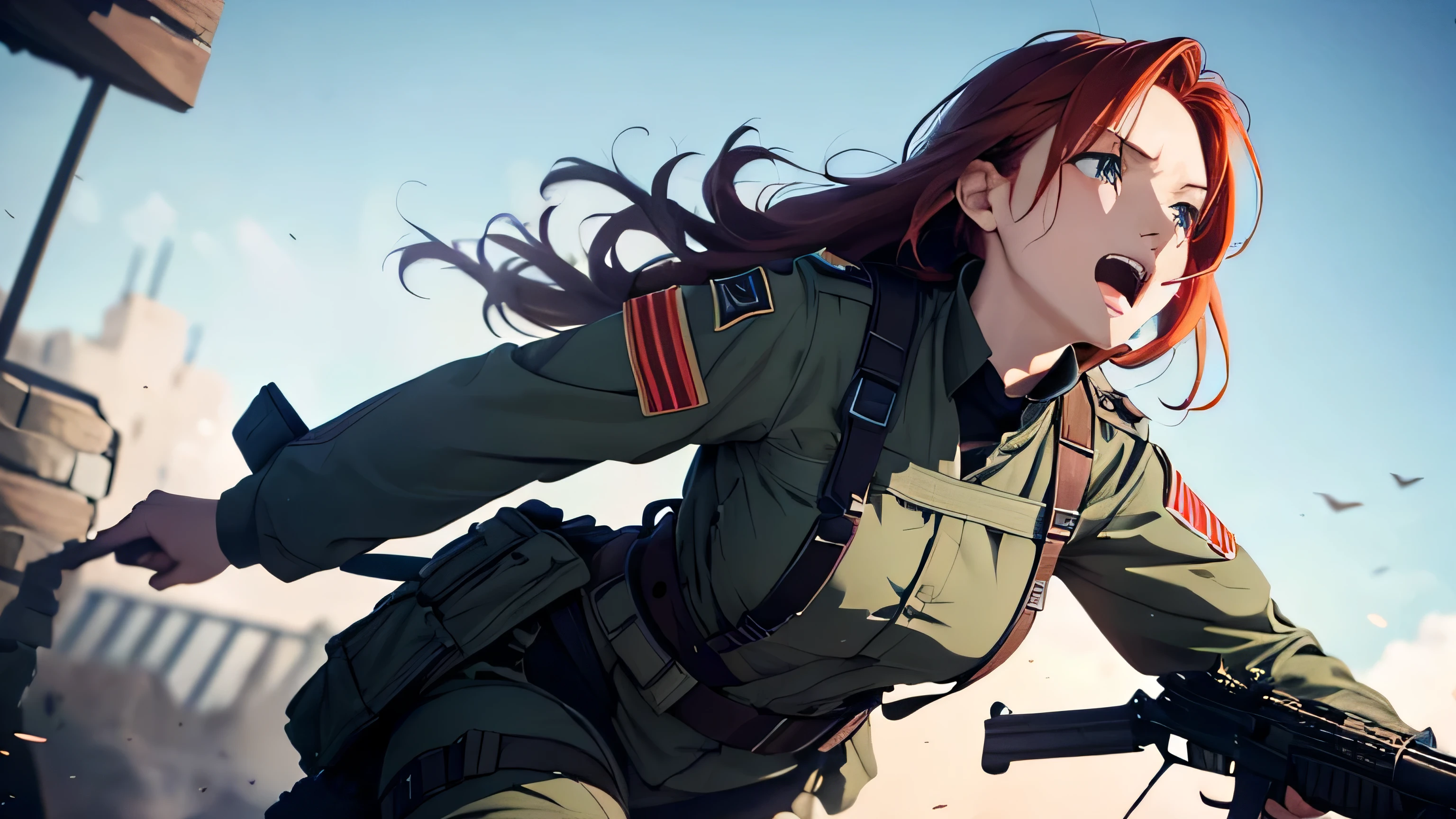(8K), (Best Quality), (Mastepiece: 1.2) battlefield Look up at the sky and scream Redhead Finnish female soldier run with a gun