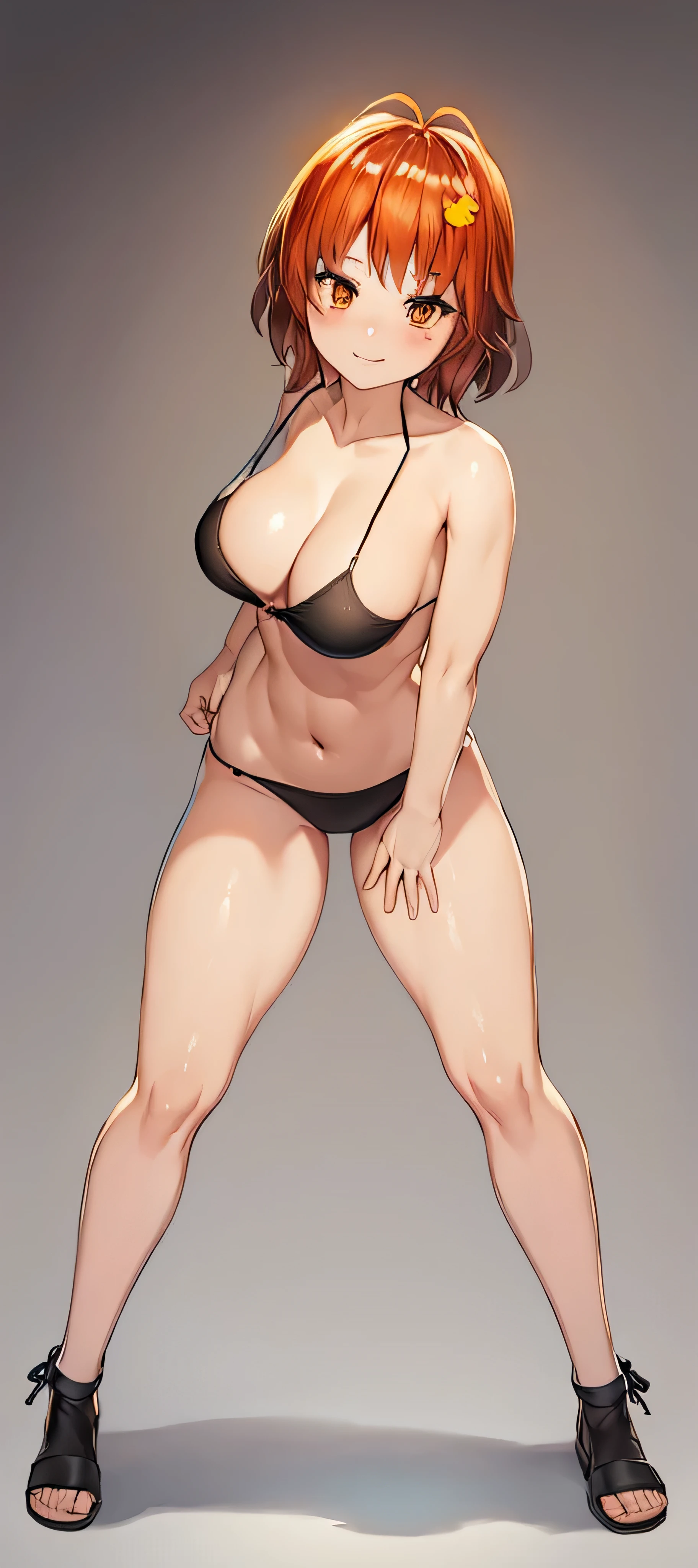 One Girl, single, alone, Beautiful Anime Girl,
((bright orange eyes,
short hair:2.0, Wavy Hair, Dirty hair:1.2, Ahoge, Long Bangs, Redhead)),((Big Breasts)),((Black Micro shorts,sleeveless top)),big smile,
