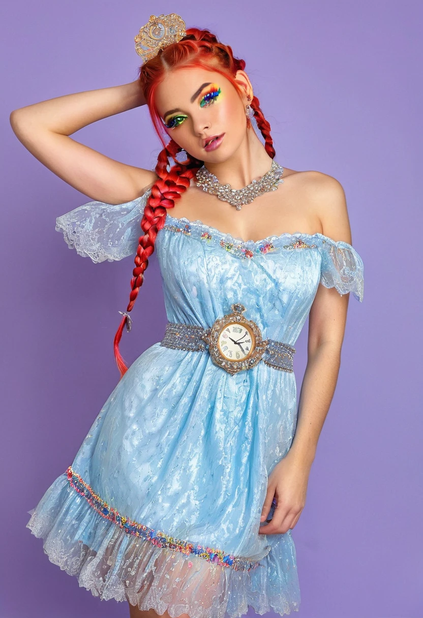 A woman waving a light blue lace night dress. Under the night dress is gold threads around her and hips. with A pink satin off shoulder ribbons tied to her arms. Attached to ribbons are silver  buckle, A silver chain. Attached to the sliver chain is blue diamond pendants. In her hair is sparkling crystal Pearl headcomb. Her lips is glossy with pink glitter. Around her ankle and wrist is black wrist bands with clock clogs Attached to the waist bands. ((The Woman has rainbow colored eyes)) red-brownish hair braided back. Long stands of hair falling over her eyes