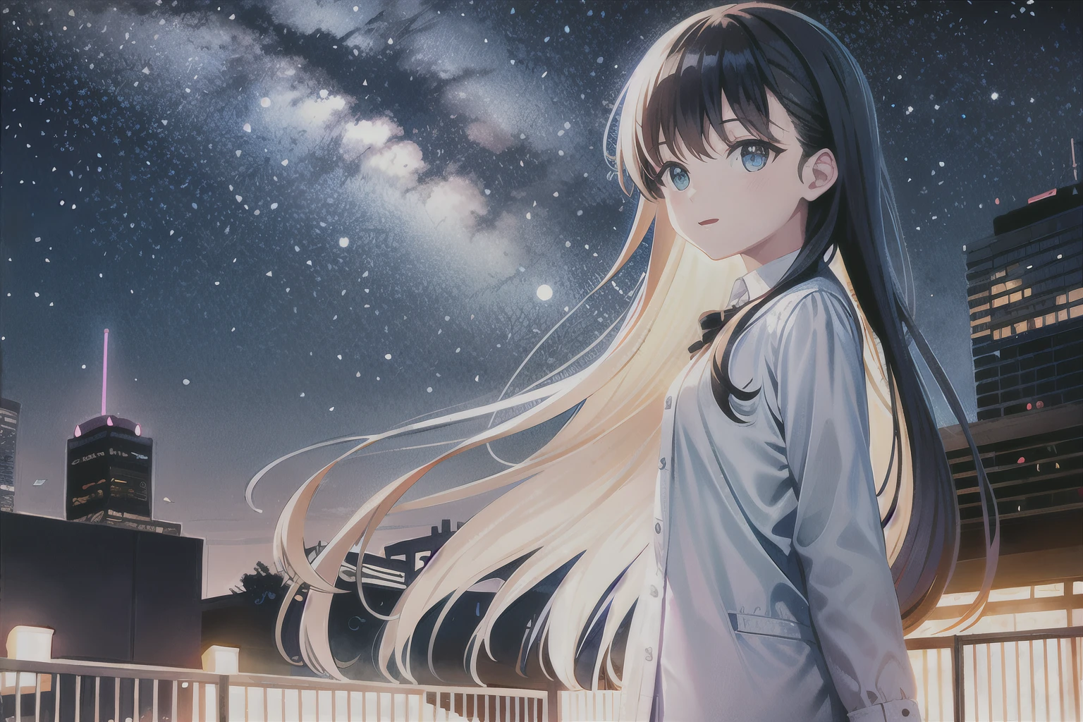 octans, sky, star (sky), scenery, starry sky, night, 1girl, night sky, solo, outdoors, signature, building, cloud, milky way, sitting, tree, long hair, city, silhouette, cityscape
