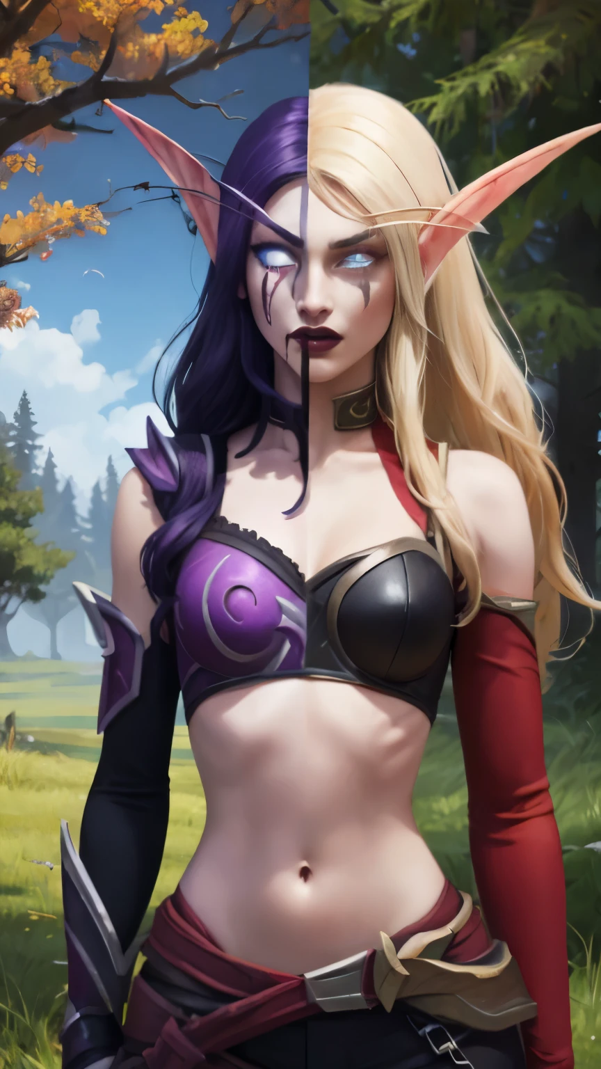 (Masterpiece, highly detailed, highly quality,  highly resolutions), line between the middle, half with nightelf half with bldelf, ({{BREAK nightelf, SplitScreen, split screen, angry, clenched teeth, scars on face, glowing eyes, blue eyes, Purple Hair, colored skin, mature female, purple midriff, navel, purple shoulder pad, purple lips, looking at viewer, forest, purple sword, night, bare shoulders, Sleeveless, spring season}}), vs, (BREAK bldelf, SplitScreen, splitscreen, angry, clenched teeth, blood strains on faces, glowing eyes, yellow eyes, Blonde hair, colored sclera, mature female, red short shirt, navel, red shoulder pad, red lips, looking at viewer, forest, Yellow sword, day, Sleeves, Fall season))