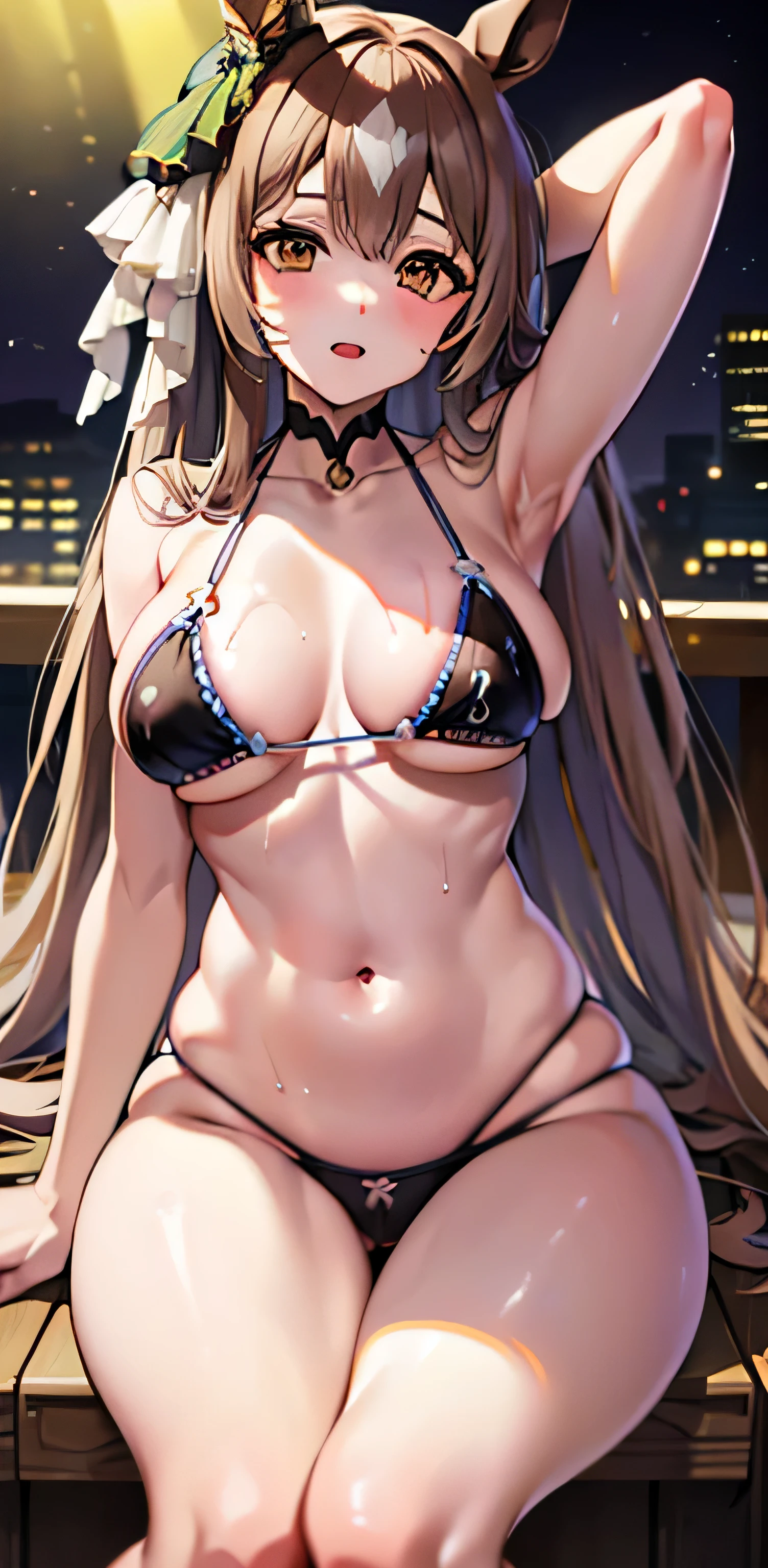 masterpiece, highest quality, close, Face shot, \(Umamusume\),((Light blue metallic ultra micro bikini))、Mansuji、See-through nipples、Sweat、(((semen)))、sit、Leg spread、(Grown body、Large Breasts)、Outdoor、Nightclub、Lewd face、Facing forward