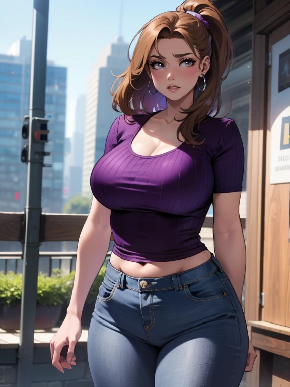 mature female with long brown ponytail, wearing tight jeans and purple shirt, nude chest, large chest, curvy body, perfect face, perfect detailed light purple eyes, beautiful eyes, perfect hands, slightly plump belly, 