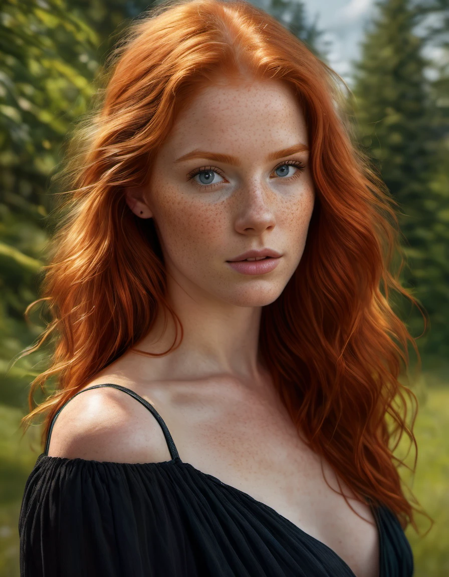 Super realistic image, high quality uhd 8K, of 1 girl,  detailed realistic, redhead, long ginger hair, highly detailed realistic skin, (((face and shoulder portrait))), real and vivid colors ultrarealistic