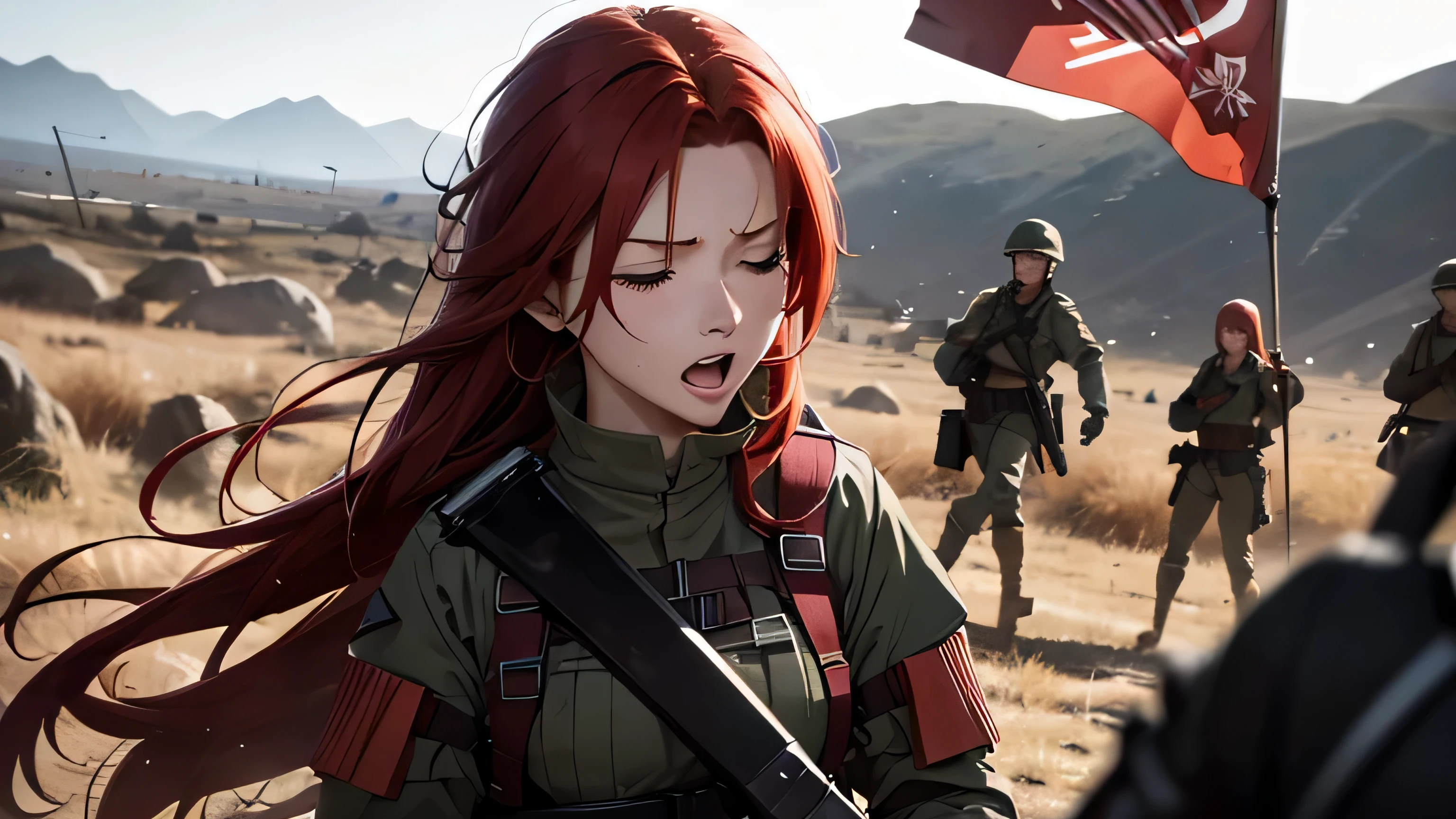 (8K), (best quality), (muste piece: 1.2) Red-haired female soldier screaming on the battlefield offering the sword Close ~ eyes bloody face