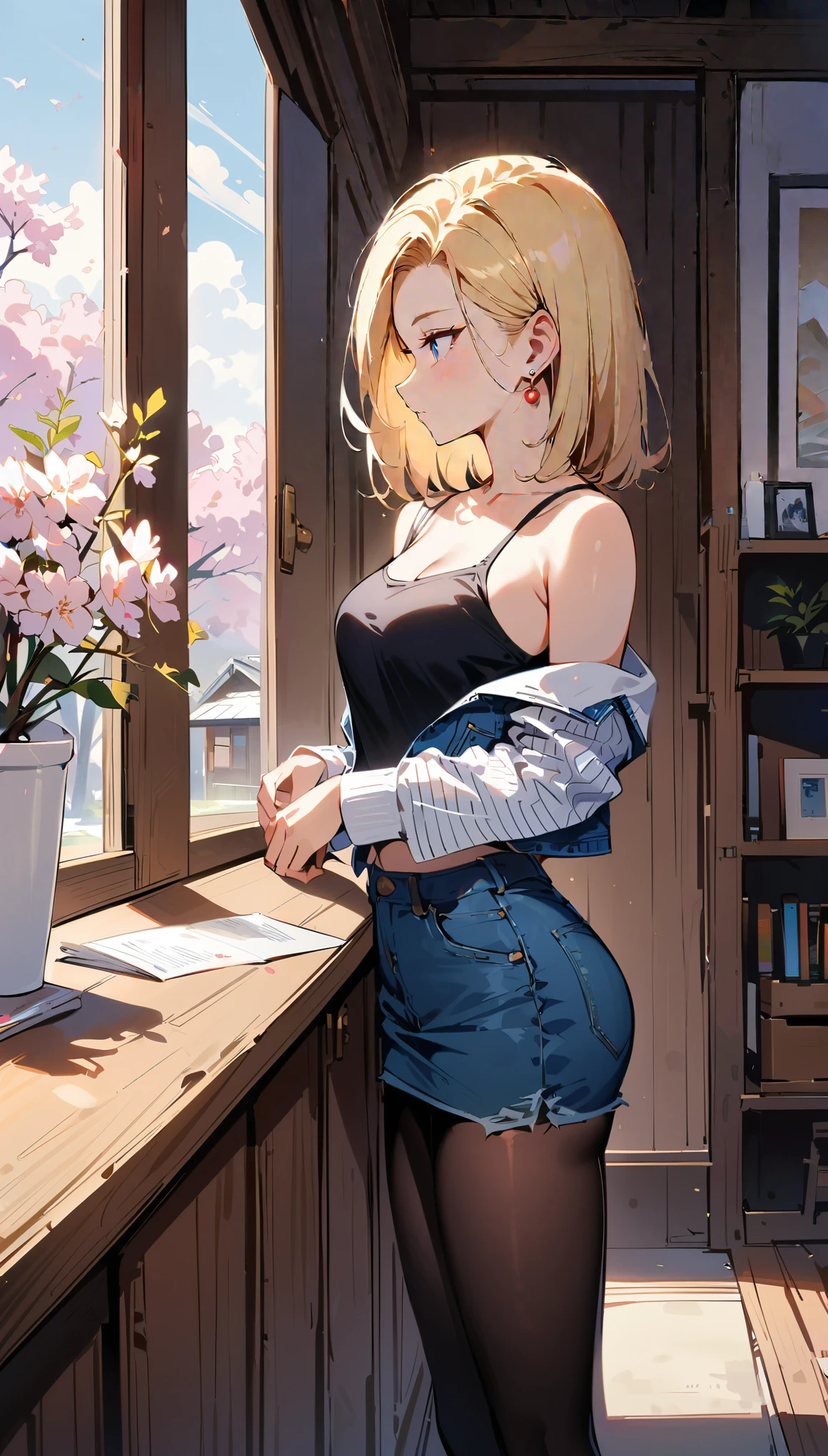 (masterpiece, best quality:1.2), 1girl, solo, Android 18 from Dragon Ball, slender figure, white headphones, short blonde hair, blue eyes, earrings, jewelry, denim vest, black pantyhose, black fitted and cropped camisole, denim skirt, striped long sleeves, exposing her shoulders, standing and gazing out the large window while taking a break, completely relaxed, white desk has a modern white desk lamp, white potted plant, an additional small white potted plant in the foreground, chic and pristine white log cabin room with white walls, minimalist yet tasteful white room decor with no clutter, cherry blossoms blooming outside, side view, 4K