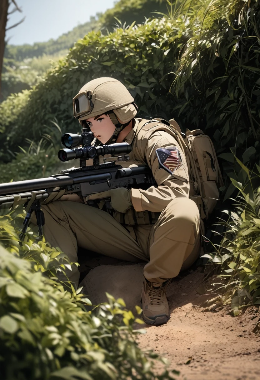 High quality, high definition, high precision images,8k Full HD.1 girl.America,army Modern soldier,Hide in the bushes and assume a sniper position,sniper rifle,Giri Suit