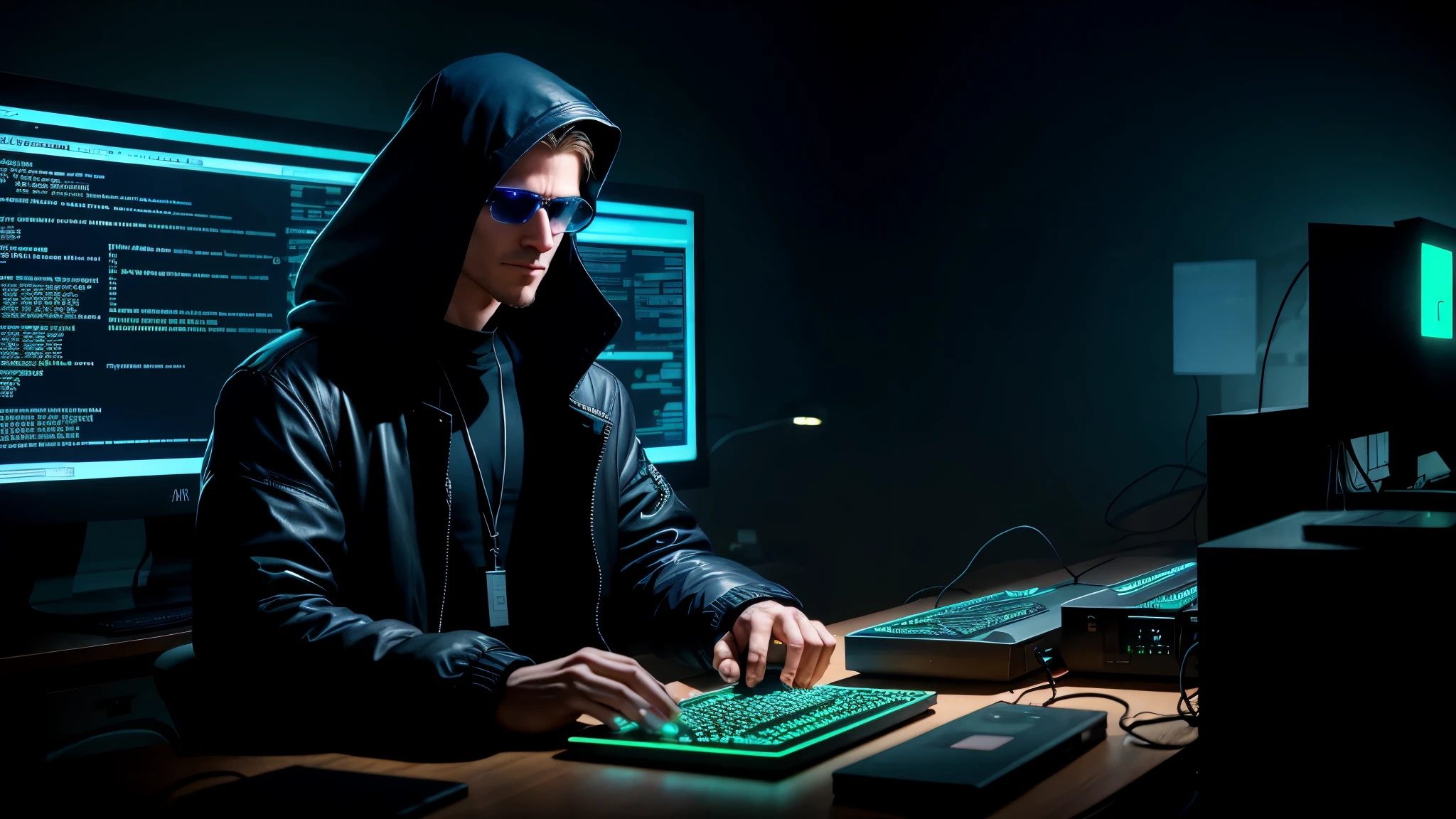 A highly detailed hacker character named Morpheus, age 24, lean and tall, sits intently before a computer screen inside the Matrix. Draped in dimly lit shadows, his slender frame focuses solely on the glowing monitor. The room's atmosphere is dominated by an air of tense concentration, illuminated by the soft glow of neon lights. Morpheus's piercing, intellectual eyes gleam with focus and determination as his nimble fingers dance across the keyboard. The room's cluttered with wires, circuit boards, and intricate machines. Surrounded by the ephemeral digital world, Morpheus remains tethered to reality by the