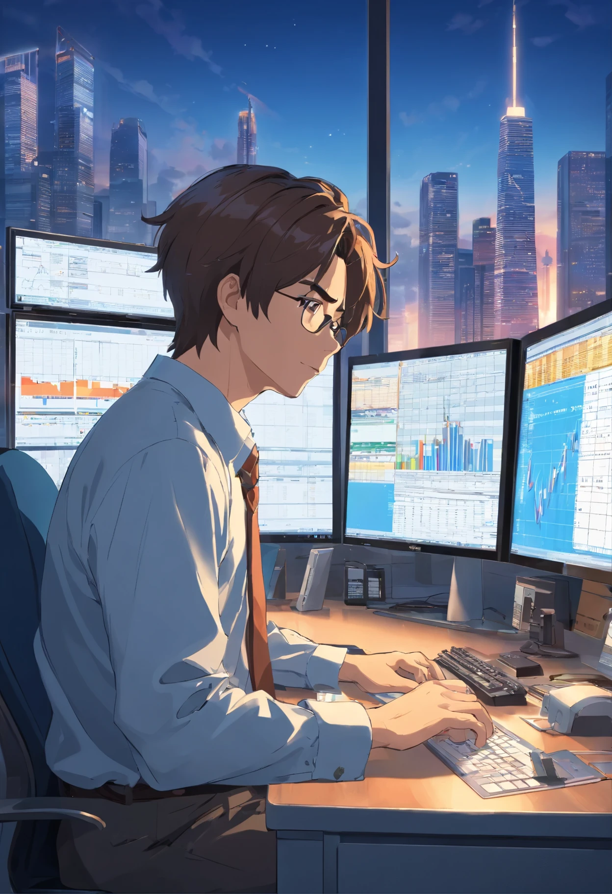 There is a realistic man sitting at a desk with six computer monitors, Displaying stock charts, Stock Trading, Drinking coffee at the desk, Glass wall with skyline view, Realistic art, 8K quality