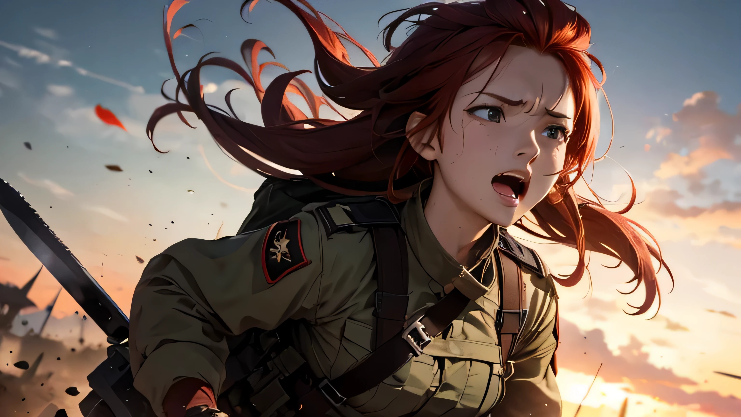 (8K), (best quality), (muste piece: 1.2) battlefield Look up at the sky and scream Red-haired female soldier offering the sword Close ~ eyes bloody face