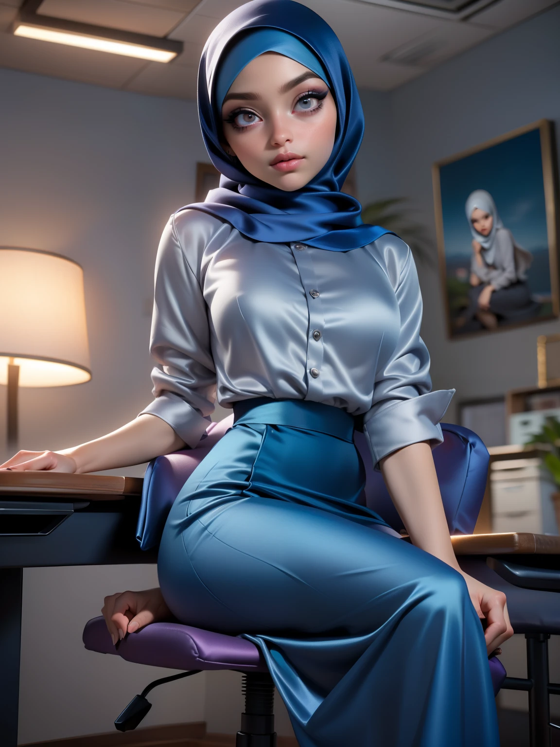 ((Masterpiece, best quality, photography, detailed skin, realistic, photo-realistic, 8k, highly detailed, full length frame, High detail RAW color art, diffused soft lighting, shallow depth of field, sharp focus, hyperrealism, cinematic lighting, hijab, a woman in a beautifully makeup, smokey eyeshadow, beautiful big eyes, long eye lashes, wearing (Dark blue satin hijab), loosely tide hijab style, ((gray satin shirt)), satin long maxi skirt, sitting on office chair, cross legs