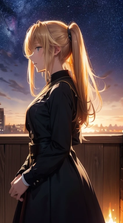 １people々々々々々々々,Blonde long-haired woman， Dress Silhouette， Side view，Space Sky, comet, Anime Style, Starry sky seen from the rooftop，