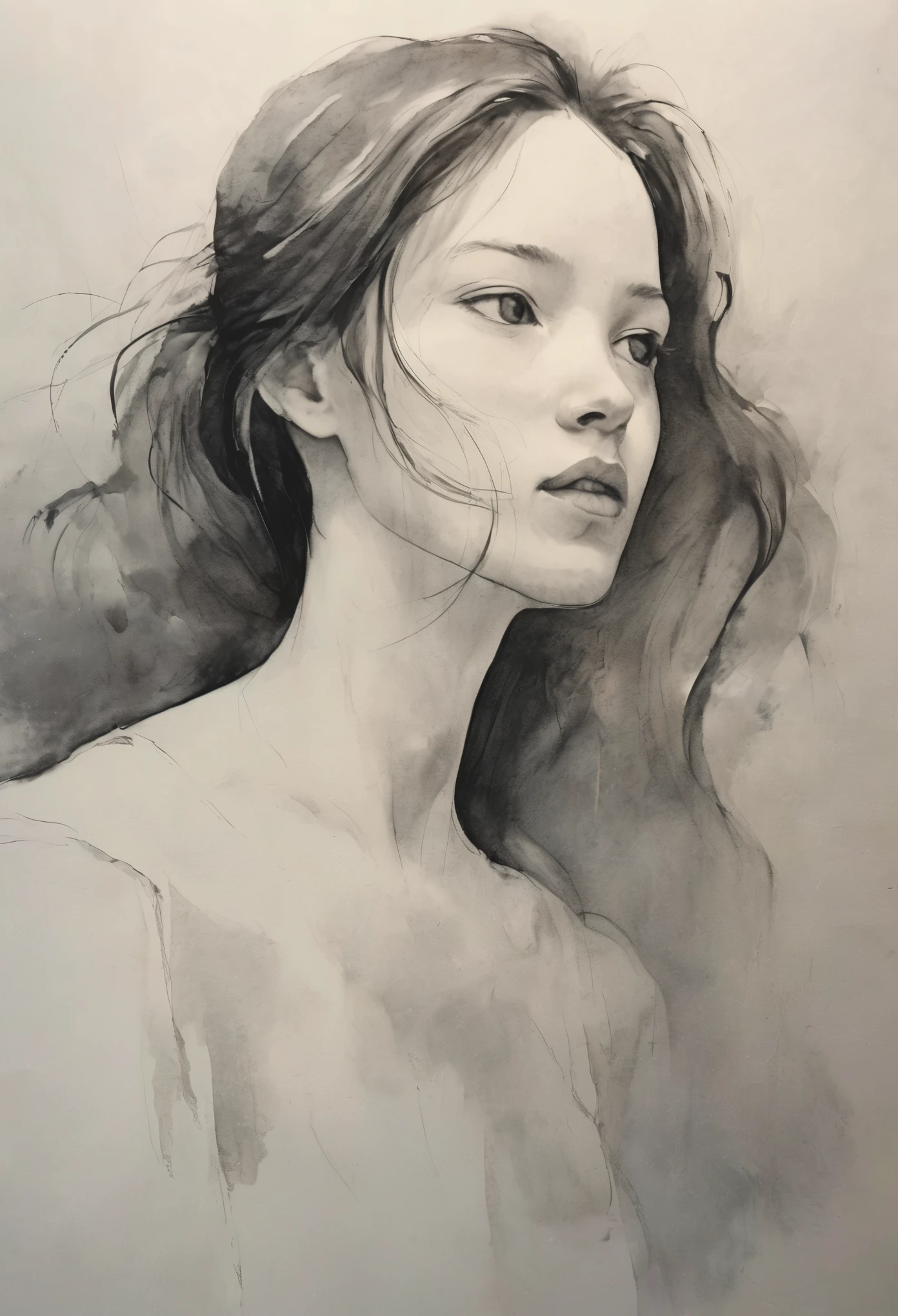 (Best quality, High resolution, Masterpiece: 1.2), Super-detailed, Real: 1.37, Ink sketch, Smooth lines, Expressions and gestures, Simple background, Emphasis on light, shadow and spatial perception, Plenty of shadow space, Young girl. ((((Naked)))), Sumi ink portrait, smooth lines, expressive facial features, subtle emotions, comparison of ink strength, simple background, emphasis on light and shadow, spacious, plenty of negative space, peaceful atmosphere, calm, dreamy, delicate yet attractive detail, Pastel colours, calm and introverted, graceful gesture, gentle movement, calm and innocent, elegant whisper, quiet and elegant, glowing, sublime beauty, vector illustration, black and white, natural and organic, nourishing, soothing, sublime simplicity, fantastic charm.