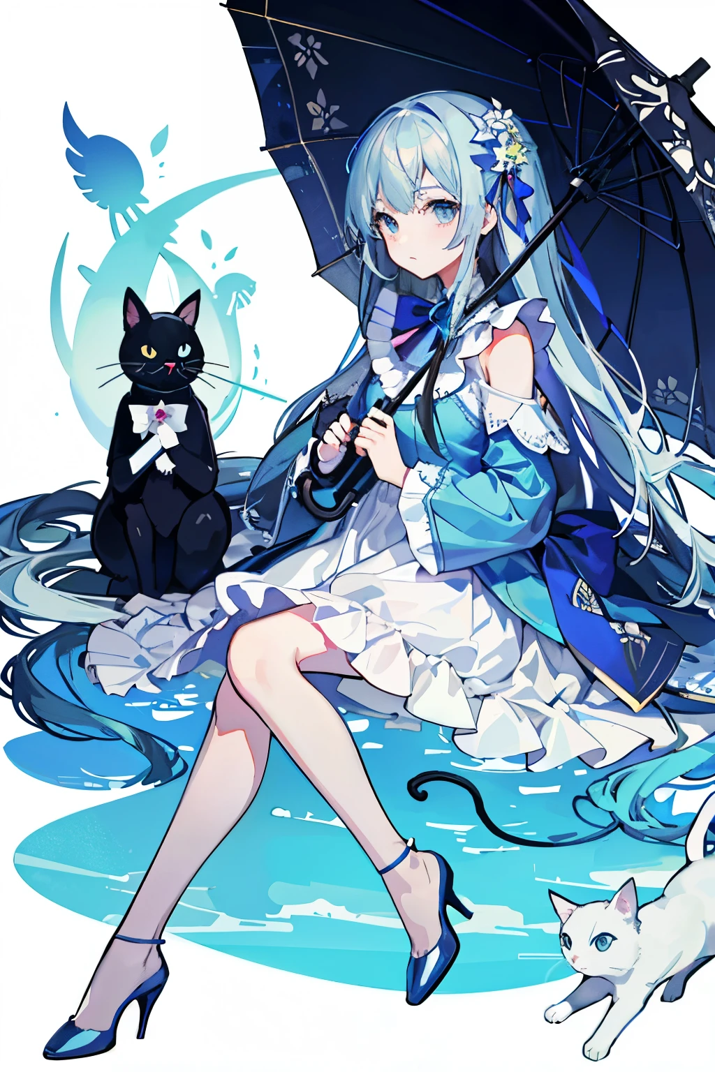 ((Best quality high resolution)), a picture of a woman in an aeolian blue dress Holding an umbrella next to a box stuffed Cat, One girl, dress, umbrella, Cat, Long Hair, Holding, flower, alone, Holding umbrella, High heels, white dress, Long sleeve, whole body, bow, View your viewers
