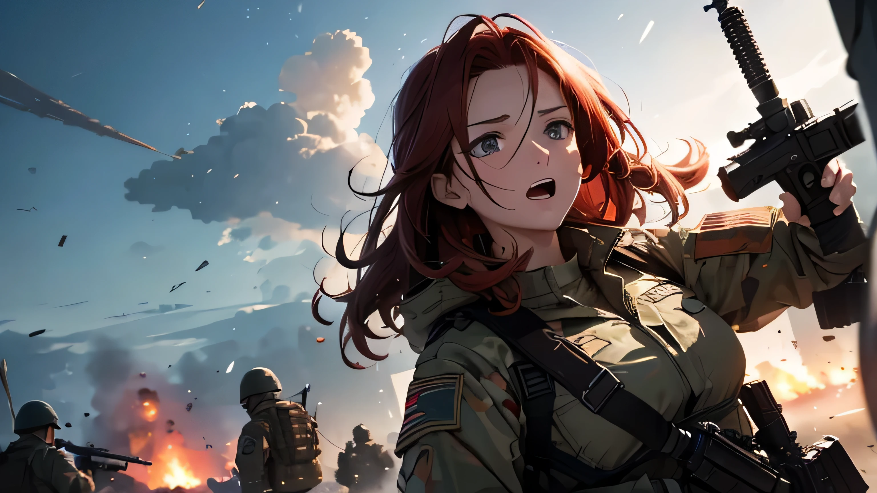 (8K), (best quality), (muste piece: 1.2) battlefield Look up at the sky and scream Red-haired female soldier run with a gun