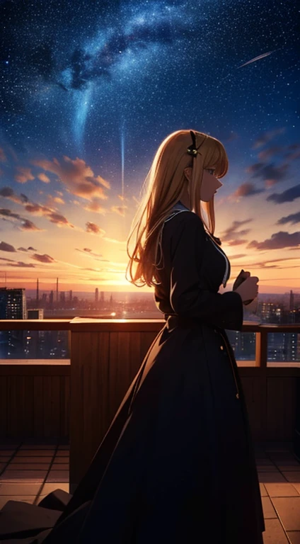 １people々々々々々々々,Blonde long-haired woman， Dress Silhouette， Side view，Space Sky, comet, Anime Style, Starry sky seen from the rooftop，