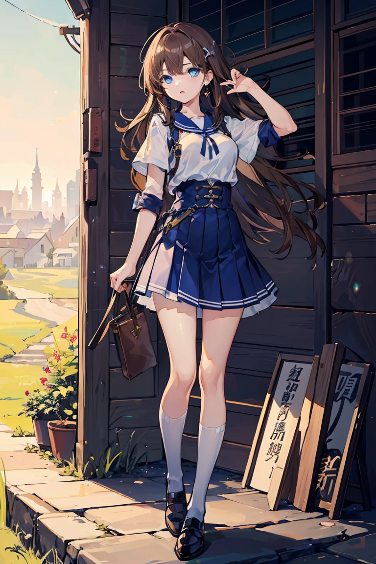 ((1 girl)), Cool woman,Rough poses, full body armor, Large metal armor, middle ages, Also々new, victory, grassland,((Very detailed,highest quality, High resolution, 8k wallpaper, 美new服,)),((brown hair color, Long Hair,Messy Hair)), Blowing in the Wind, eye shadow, eyeliner,Glow Eye, 詳細な美new顔, 反射光の美new目, ((Sparkling blue eyes)), 18-year-old girl