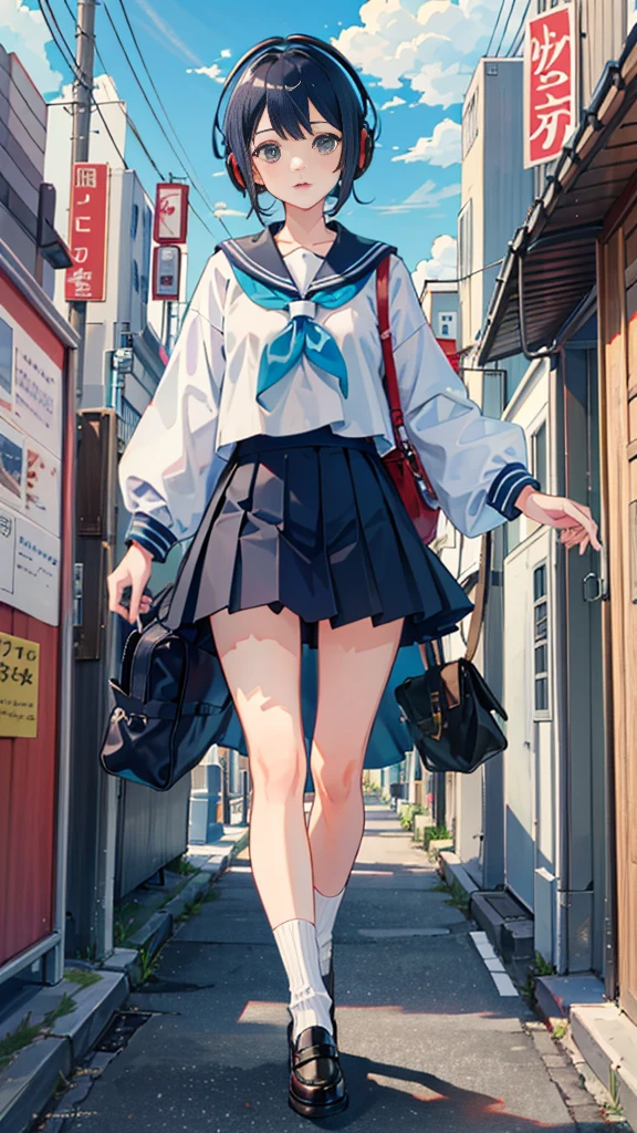 (masterpiece), (highest quality:1.4), (Ultra-high resolution:1.2),  Highly detailed background, (unity 8k wallpaper), e high school girl walking through the streets of Tokyo with headphones on。Illustrations inspired by city pop culture、Sailor suit、Wear loose socks for a stylish and nostalgic look、Displaying one subject without splitting the screen、17 pensive