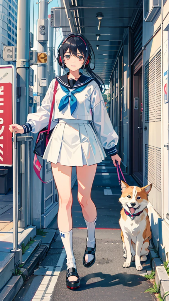 (masterpiece), (highest quality:1.4), (Ultra-high resolution:1.2),  Highly detailed background, (unity 8k wallpaper), Cute high school girl walking through the streets of Tokyo with headphones on。Illustrations inspired by city pop culture、Sailor suit、Wear loose socks for a stylish and nostalgic look、Displaying one subject without splitting the screen、************、expensive