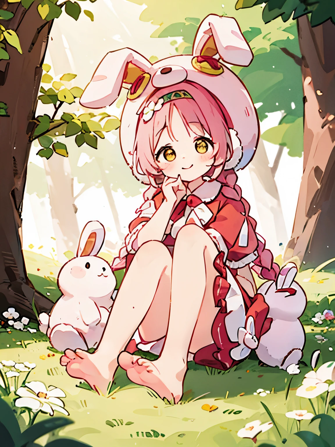 4K resolution,masterpiece,highest quality, barefoot, Raise your knees, dress, Sitting, smile, Outdoor, Puff short sleeves, bangs, pink bunny hat, 