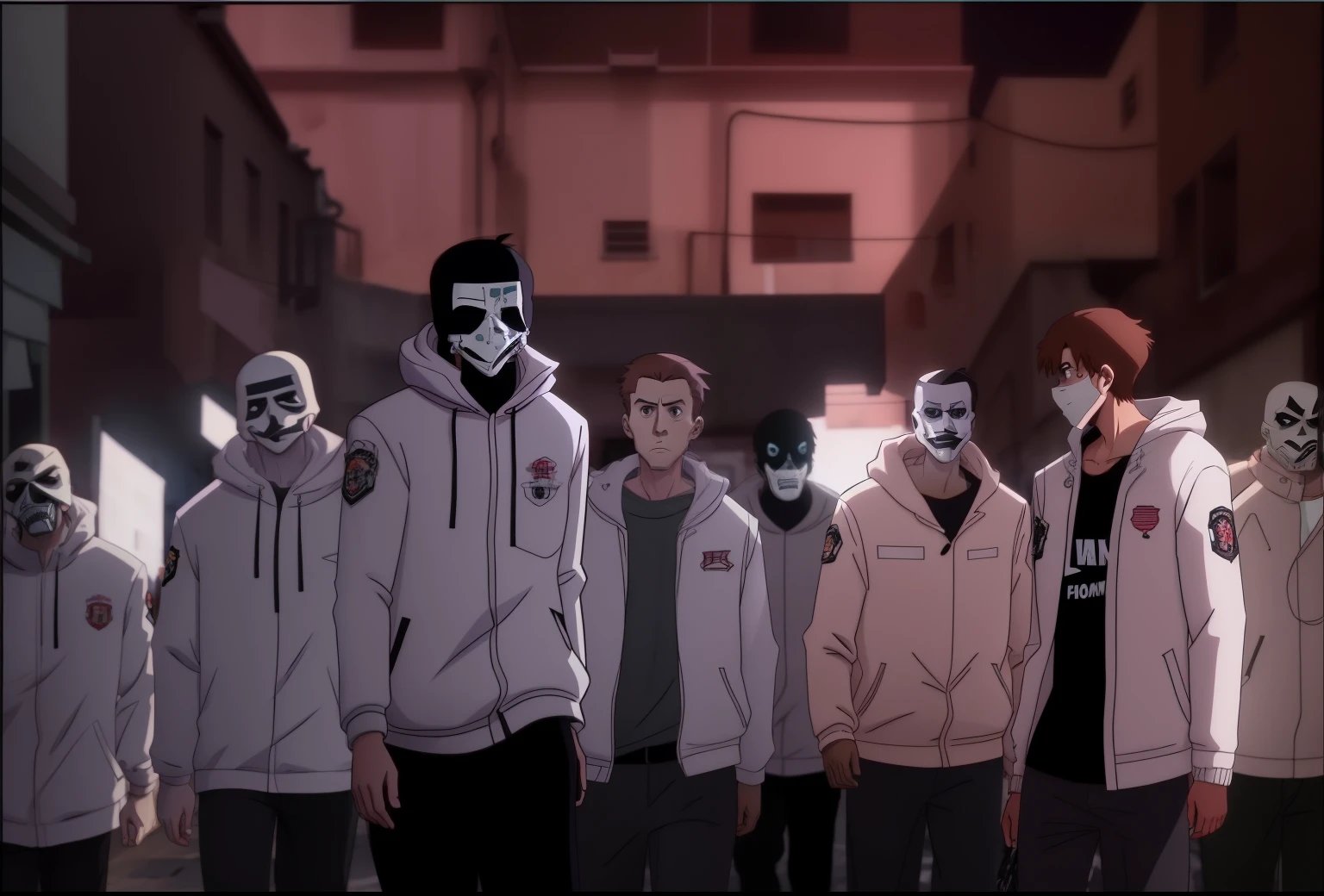 characters in white jacket and black pants, film still, in an alleyway during the purge, still from animated horror movie, animation film still, rotoscoped, still from a music video, cel - shaded, cel-shaded, screenshot from the anime film, official fanart, make this looks reaistic