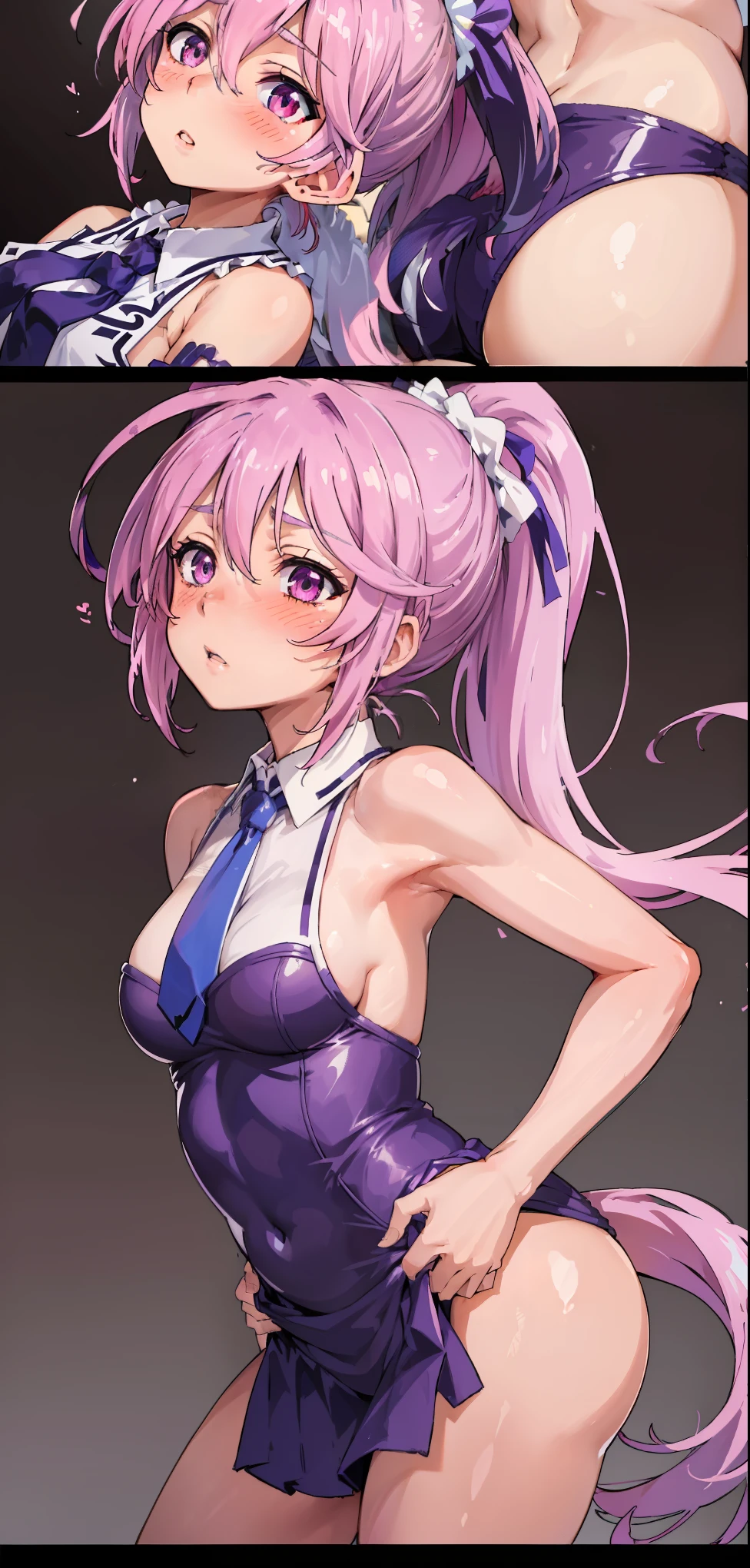 Jibril, (standing), blushed, perfect anatomy, detailed eyes, detailed lips, extremely detailed eyes and face, vivid colors, sharp focus, masterpiece:1.2, ultra-detailed, blushed, ((doggystyle)), (solo), ((tie)), sleeveless, ((((ponytail)))), story, (((charecter sheet))).