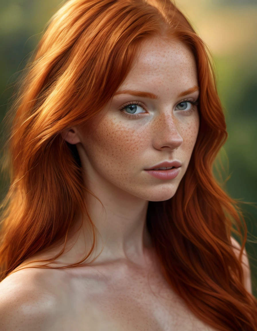 Super realistic image, high quality uhd 8K, of 1 girl, detailed realistic, redhead, long ginger hair, highly detailed realistic skin, (((face, chest and shoulder portrait))), real and vivid colors ultrarealistic