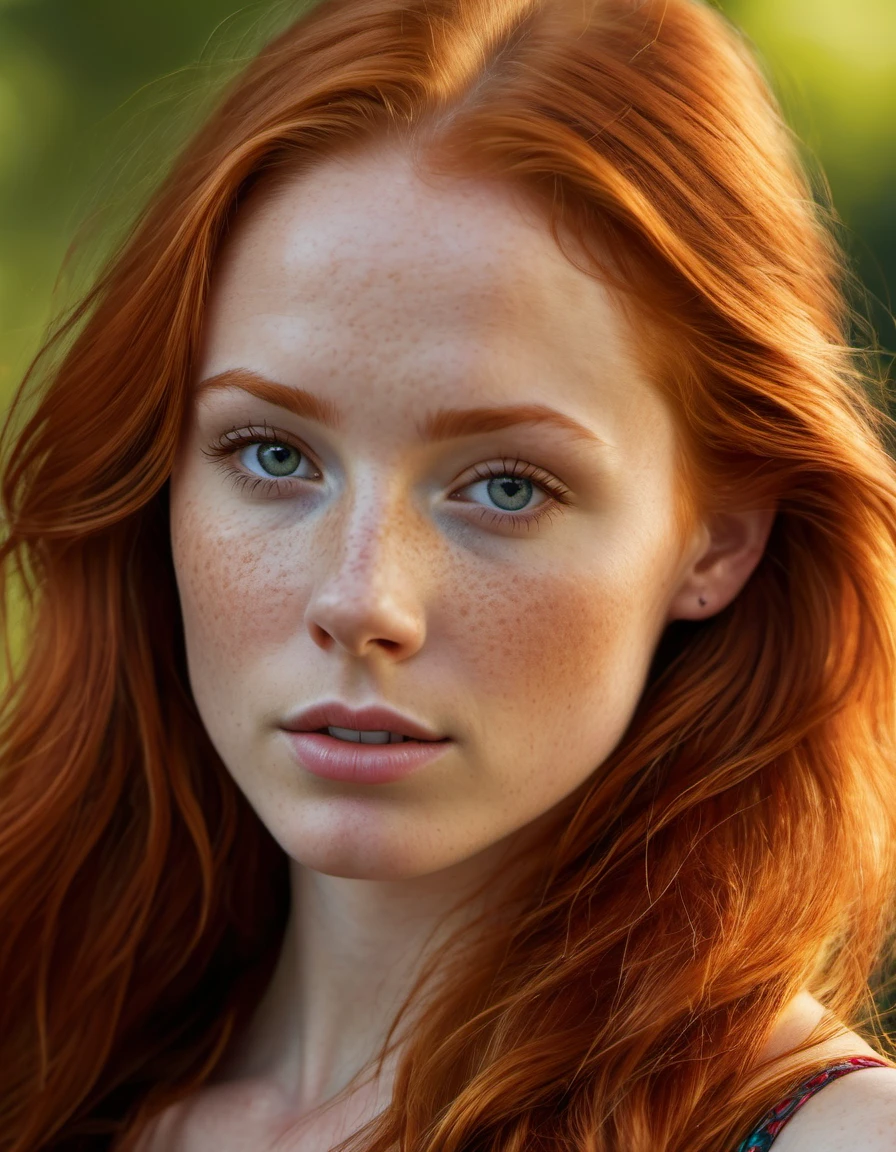 Super realistic image, high quality uhd 8K, of 1 girl, detailed realistic, redhead, long ginger hair, highly detailed realistic skin, (((face, chest and shoulder portrait))), real and vivid colors ultrarealistic