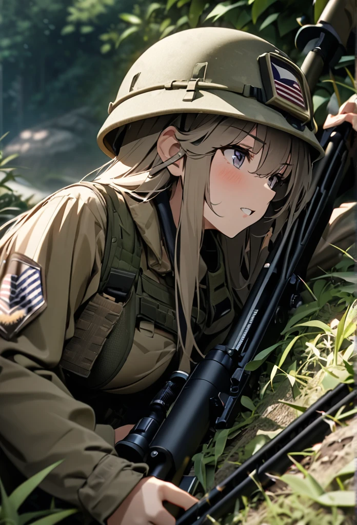 High quality, high definition, high precision images,8k Full HD.1 girl.America,army Modern soldier,Hide in the bushes and assume a sniper position,sniper rifle,Put on a helmet,camouflage Lying on the ground