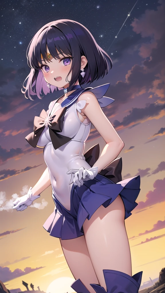 (masterpiece:1.2, highest quality:1.2), ((White Jade)), R15, High resolution, (Very detailed), (Complex), (Beautiful teeth shine:1.2), sunset, gradient null, null間, Cinema Lighting, (pixiv), 1 girl, (8k, hd, Portraiture, Cowboy Shot, anime, 4K, novel lighting), Soft contours, (Perfect quality:1.2), bangs
break (Tomoe Hotaru, Sailor Saturn), Purple eyes, Purple Hair, short hair,
break back bow, purple bow, purple choker, purple Sailor collar, Purple Skirt, bow, choker, Earrings, tiara, White gloves, jewelry, Magical girl, Big Breasts, clavicle, (white leotard), mini skirt, Sailor collar, Sailor Warrior Uniforms, boots, (Sleeveless), (See-through), (Skin dents:1.2), (steaming body:1.2), (Exposing shoulders, Bare waist, Thighs, Covered navel)
break (complete abnormality, Perfect hands), (Perfect pretty face:1.4), (The perfect outfit, Perfect body), Long legs, night, (null:1.2), Heavy breathing, (in front, energy, NFSW)