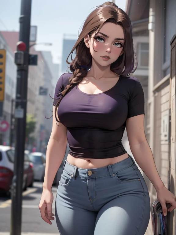 mature female with long brown ponytail, wearing tight jeans low waist line, and purple shirt, nude chest, large chest, curvy body, perfect face, perfect detailed light purple eyes, beautiful eyes, perfect hands, slightly plump belly, mirando al espectador, mirada sensual, nipple see through shirt