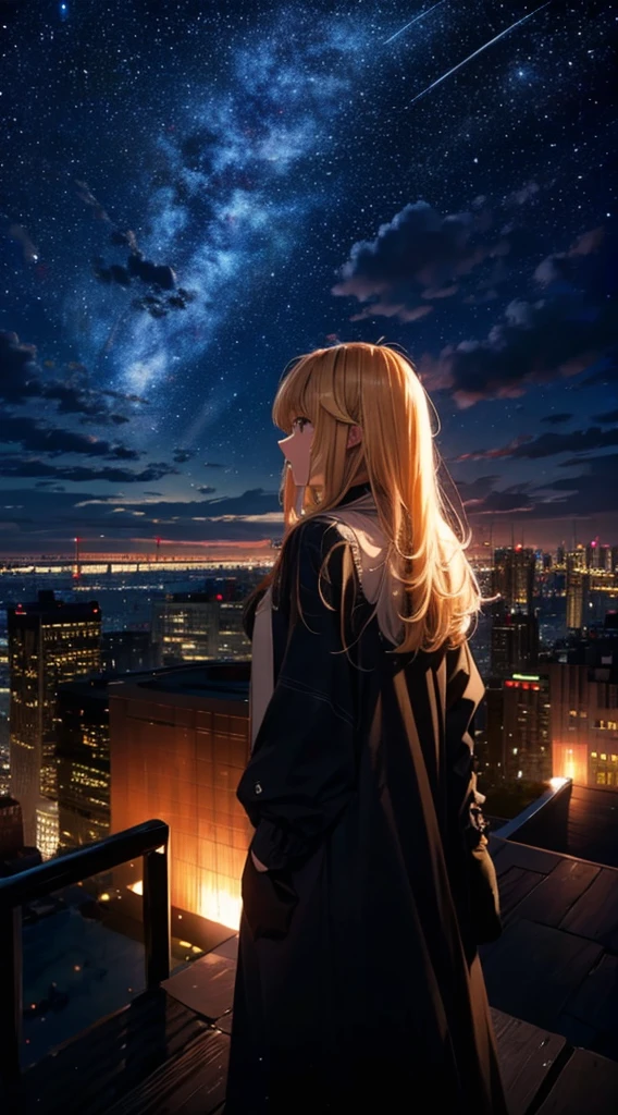 １people々々々々々々々,Blonde long-haired woman，Long coat， Dress Silhouette， Rear View，Space Sky, comet, Anime Style, City night view from the rooftop，