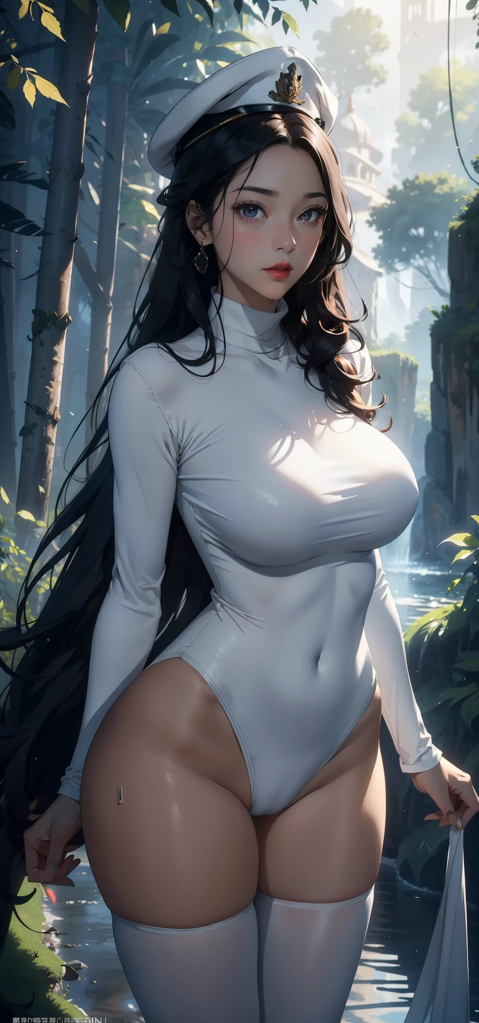 1 female，35 years old，Slim，Very large ，Big breasts and thin waist，Long legs，White skin，Red lips， 1 female，35 years old，Big breasts and thin waist，Slim，Big  ，（background：forest，Ground area water，summer） She has long black hair，curls，Long hair flying，Standing，sweat，soak，From the front， Straight Hair， partly cloudy，（（（masterpiece），（Highly detailed CG Unity 8k wallpaper），best quality，Movie Lighting，細緻的background，Beautiful and delicate eyes，smart student，black eyes，（Very delicate and beautiful），（Beautiful and detailed description of the eyes），Ultra Detailed，masterpiece，）），face camera，high resolution，Ultra Detailed），Exposing breasts，Exposing genitals， Convex，Legs open，Convex起性感，Camel toe，Soldier（wear：White turtleneck shirt，No underwear，Military cap，Tights）Sci-fi style