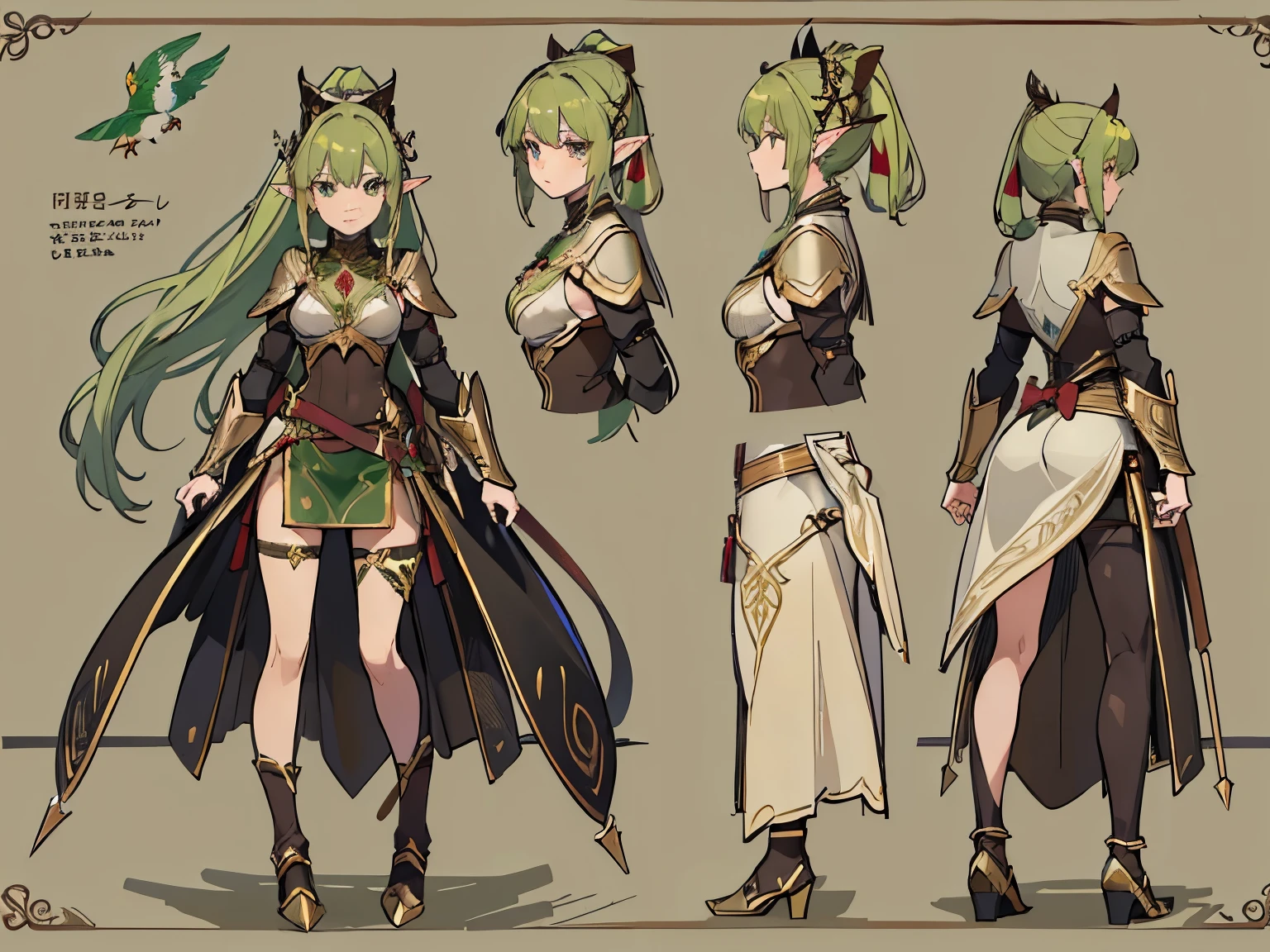 1 Female, Reference Sheet, Matching outfits, (Fantasy Character Design, front, return, ~ side, rear) Elf Ranger. Agile body、((Bird companion))、(whole body)、(brown),(Dark Elf)、 Mid-chest. Forest green eyes. Long, flowing golden hair, ponytail, Natural ornaments. Lightweight leather armor, elven armor, Arrow tube.bow
