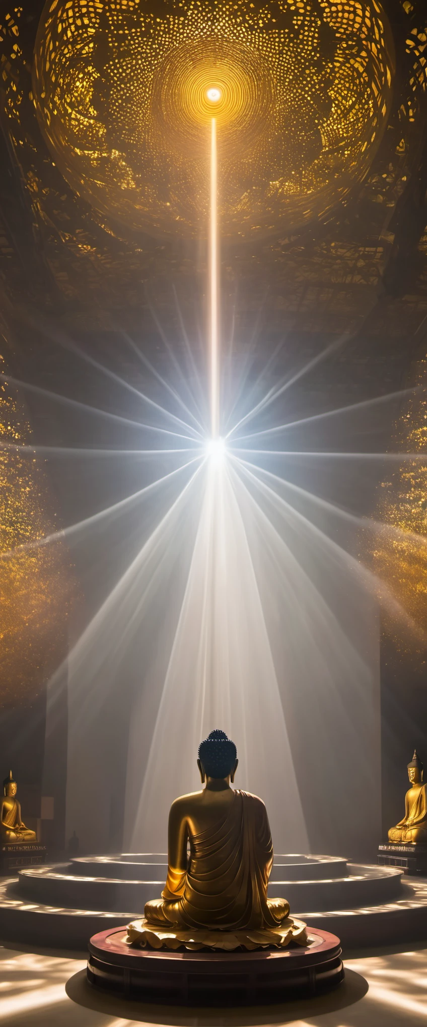 giant Buddha exuding a halo of majesty and awe-inspiring presence, radiating a sense of tranquility and power. In front of the colossal figure stands a tiny man with wide eyes, a scowl, and a serious expression, showcasing the stark contrast in scale and emotion. The scene is illuminated by ray tracing and god rays, enhancing the ethereal quality of the moment. Captured in ultra-high definition with anatomical correctness and superlative detail, the image immerses viewers in a world of divine grandeur and meticulous artistry, inviting them to explore the intricacies of spirituality and reverence,xianxia
