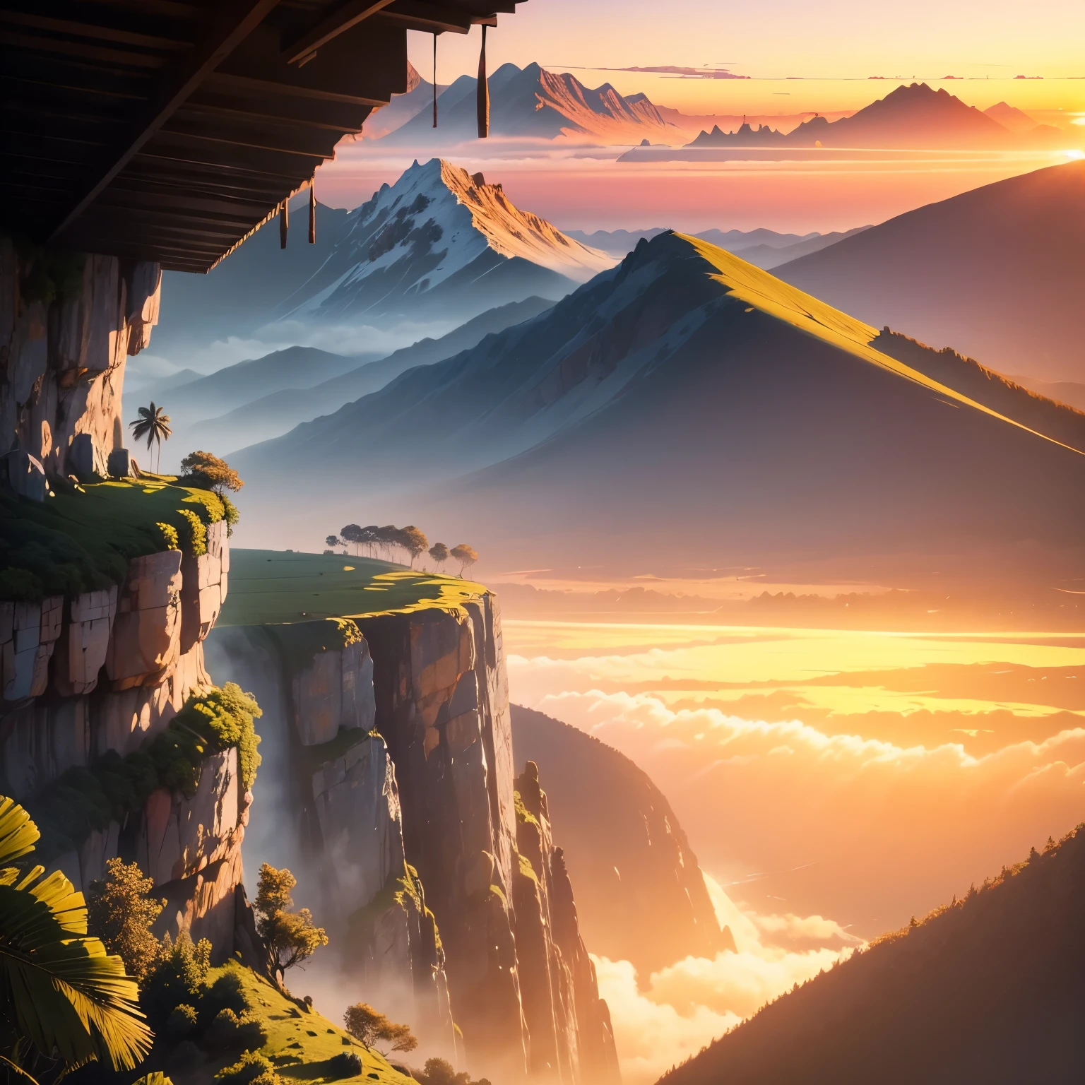 (Excellent paintings),(Best Picture Quality,hyper-high detail,CPU rendering),(Beautiful and spectacular sunrise),(orange colors+in pink+yellow sky),(Steam turbines+Jungle sounds),(cliff+Coconut Tree+light wind),(Cloud fog)(Action-packed views),(Foggy smoke in the sun),(Three-quarters of the picture range is the sky),(The slopes reflect the contours of the mountains in the distance),(Nice and reassuring scenery) 