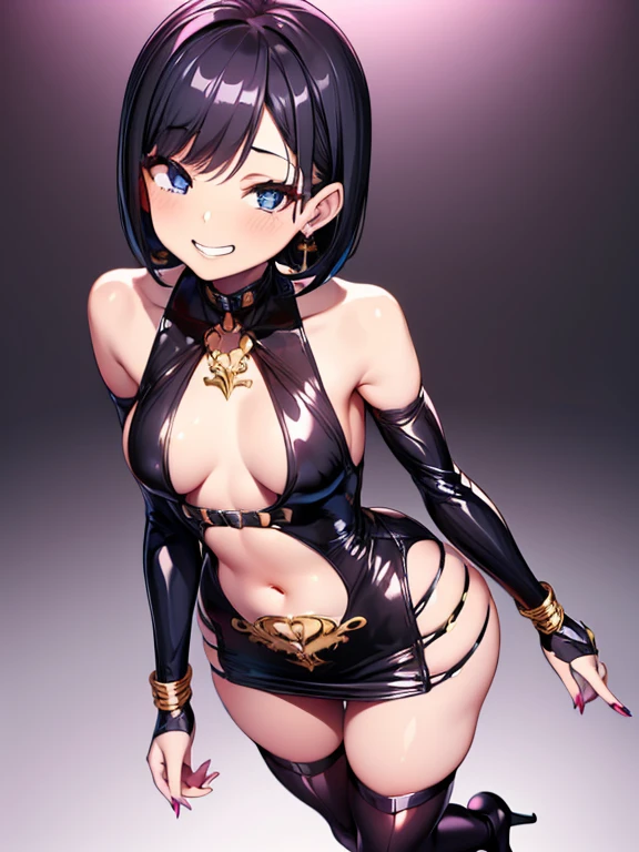 ((highest quality)), ((masterpiece)), (detailed), Anime 2D Rendering, Realistic young anime woman, 
Five Fingers, Perfect Face, Beautiful fine details, blue eyes, Beautiful body, Beautiful breasts, Smaller breasts、 Beautiful thighs, Beautiful feet, delicate and beautiful white skin, 、12 year o Girl, 
(Red High Heels), Black Hair、short hair, (Black shiny knee-high stockings, Black lace skimpy thong panties), ((Purple Bodycon, latex, (Fits perfectly against the skin)), belly button、belly buttonピアス、
Wicked Smile、((Grin))、She turns her face and body towards the viewer，She has a pretty face and a charming smile，Wearing earrings and a necklace，The accessories are gold、Are standing
