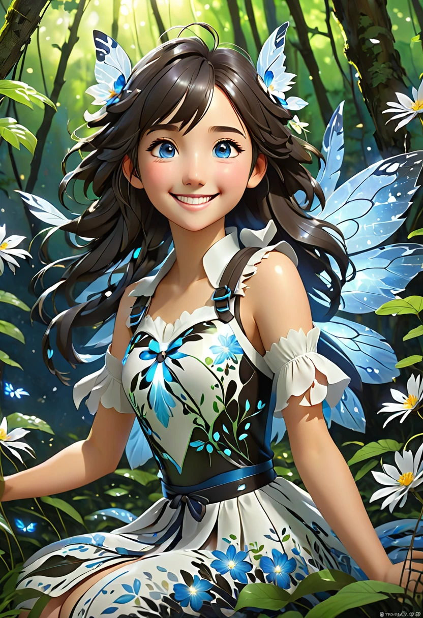 (((Infront a backdrop of think leaves with dew on them in the forest))) Is a girl ((smiling)) ((full body)) with a white and blue flower kneeling, eyes closed, her arms folded around herself,, wearing a luminating Light wide strap dress. Her Dress send out beams of white light inluminating the darkness around her black moths swirl around the light by starsnits90 3d art, inspired by WLOP, Artstatianime", 3d anime art, inspired byArtstation,genshinimpact pixiv, extremely detailed, aesthetic, concept art, ultrafine detail, breathtaking, 8k resolution, pixiv, extremely detailed, aesthetic, concept art, ultrafine detail, breathtaking, 8hd resolution,