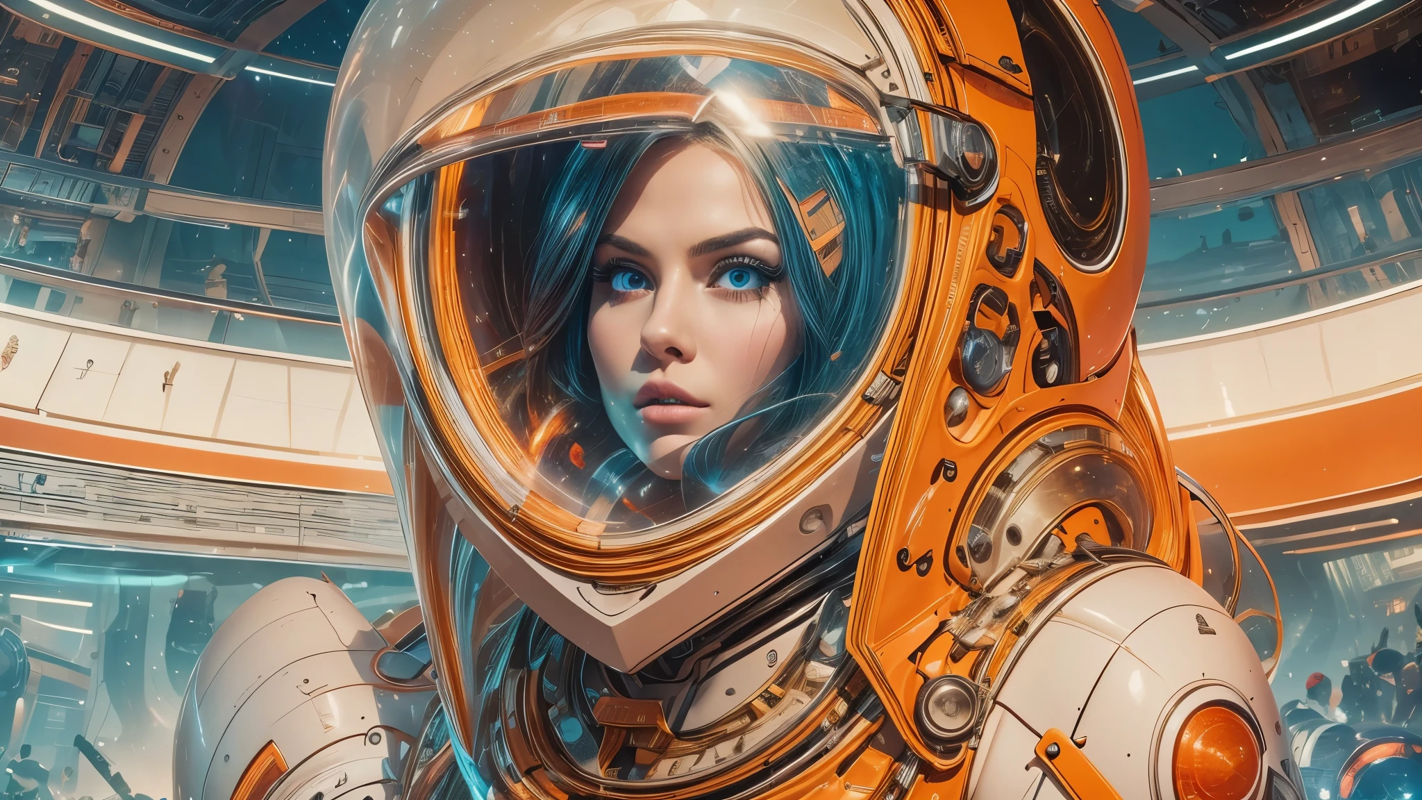 arafed image of a white woman in a futuristic suit with a spaceship in the background, movie art, in front of an orange background, inspired by Robert McGinnis, female protagonist, megastructure in the background, portrait of an ai astronaut, astronauts, an astronaut, portrait of a astronaut skeletor, perfect android girl, detailed eyes, perfectly detailed teeth, frank franzzeta and sakimichan  