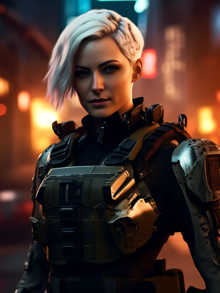close-up photo of the (angry) ((annamedus)) in a tactical bodysuit in the post apocalyptic city, unreal engine, ((look at the camera)), opened mouth, smirk, eyebrow up, in front of camera
